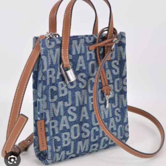 NWT! Marc Jacobs The Jumbo Logo Jacquard Micro Grind Denim Tote Crossbody - Picture 2 of 7